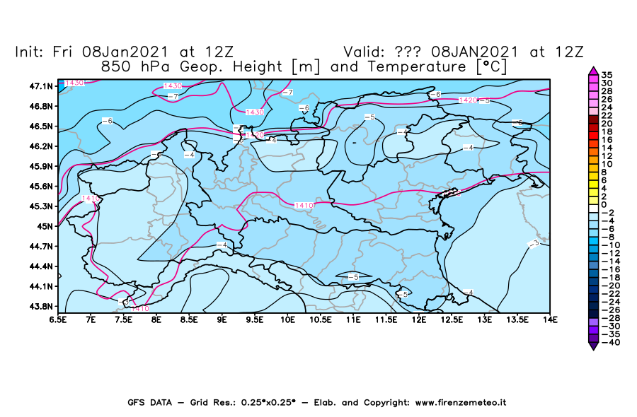 Mappa di analisi GFS - Geopotenziale [m] e Temperatura [°C] a 850 hPa in Nord-Italia
							del 08/01/2021 12 <!--googleoff: index-->UTC<!--googleon: index-->