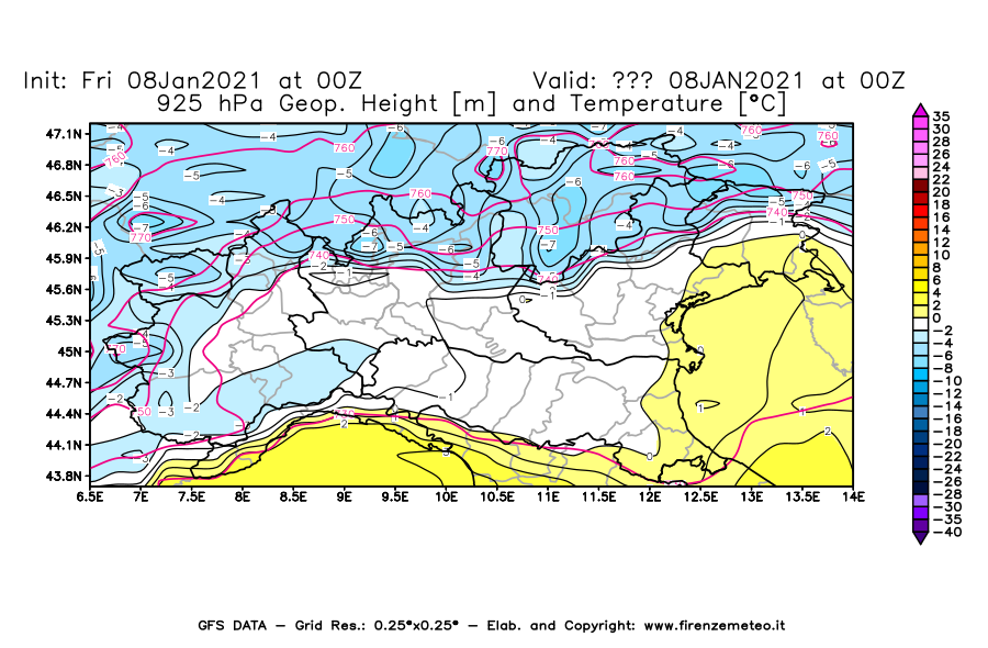 Mappa di analisi GFS - Geopotenziale [m] e Temperatura [°C] a 925 hPa in Nord-Italia
							del 08/01/2021 00 <!--googleoff: index-->UTC<!--googleon: index-->