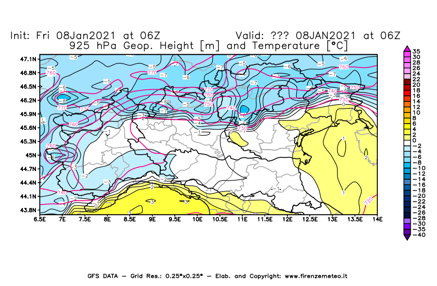 Mappa di analisi GFS - Geopotenziale [m] e Temperatura [°C] a 925 hPa in Nord-Italia
							del 08/01/2021 06 <!--googleoff: index-->UTC<!--googleon: index-->