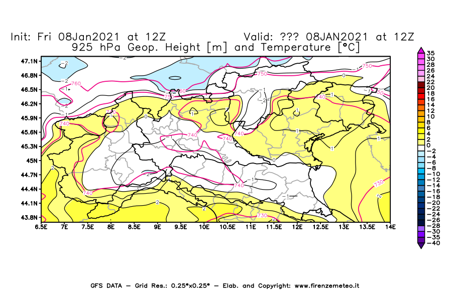Mappa di analisi GFS - Geopotenziale [m] e Temperatura [°C] a 925 hPa in Nord-Italia
							del 08/01/2021 12 <!--googleoff: index-->UTC<!--googleon: index-->
