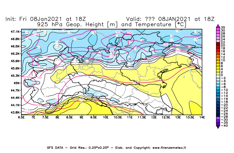 Mappa di analisi GFS - Geopotenziale [m] e Temperatura [°C] a 925 hPa in Nord-Italia
							del 08/01/2021 18 <!--googleoff: index-->UTC<!--googleon: index-->