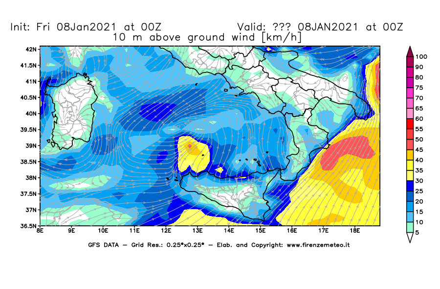 Mappa di analisi GFS - Velocità del vento a 10 metri dal suolo [km/h] in Sud-Italia
							del 08/01/2021 00 <!--googleoff: index-->UTC<!--googleon: index-->