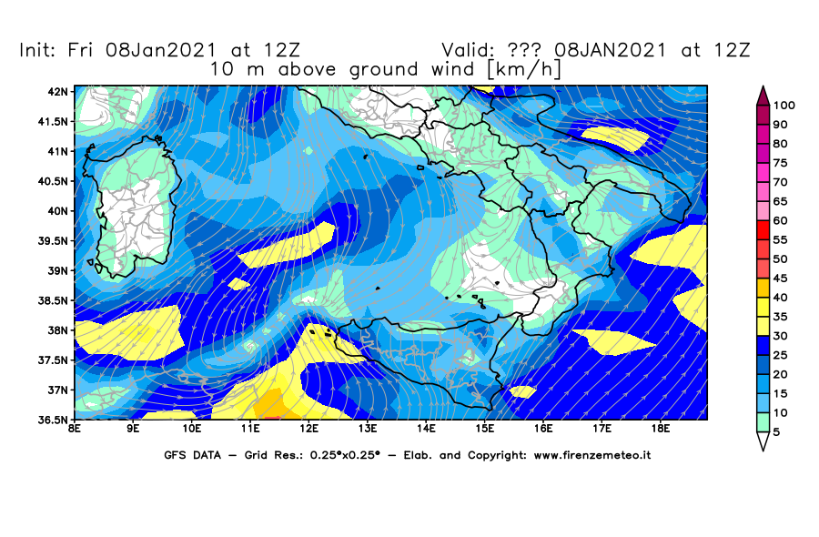 Mappa di analisi GFS - Velocità del vento a 10 metri dal suolo [km/h] in Sud-Italia
							del 08/01/2021 12 <!--googleoff: index-->UTC<!--googleon: index-->