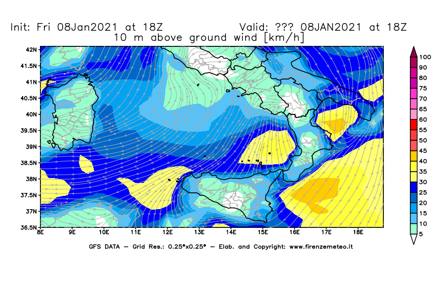 Mappa di analisi GFS - Velocità del vento a 10 metri dal suolo [km/h] in Sud-Italia
							del 08/01/2021 18 <!--googleoff: index-->UTC<!--googleon: index-->