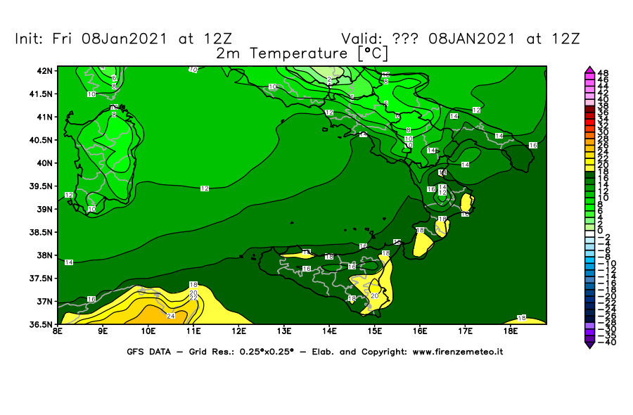 Mappa di analisi GFS - Temperatura a 2 metri dal suolo [°C] in Sud-Italia
							del 08/01/2021 12 <!--googleoff: index-->UTC<!--googleon: index-->