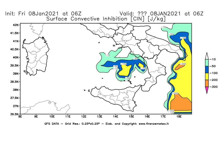 Mappa di analisi GFS - CIN [J/kg] in Sud-Italia
							del 08/01/2021 06 <!--googleoff: index-->UTC<!--googleon: index-->