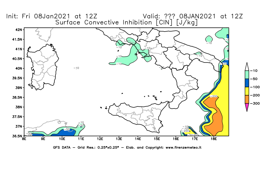 Mappa di analisi GFS - CIN [J/kg] in Sud-Italia
							del 08/01/2021 12 <!--googleoff: index-->UTC<!--googleon: index-->