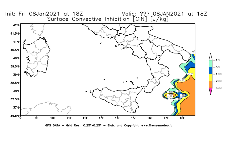 Mappa di analisi GFS - CIN [J/kg] in Sud-Italia
							del 08/01/2021 18 <!--googleoff: index-->UTC<!--googleon: index-->