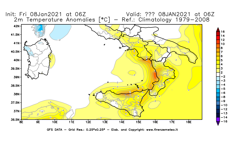 Mappa di analisi GFS - Anomalia Temperatura [°C] a 2 m in Sud-Italia
							del 08/01/2021 06 <!--googleoff: index-->UTC<!--googleon: index-->