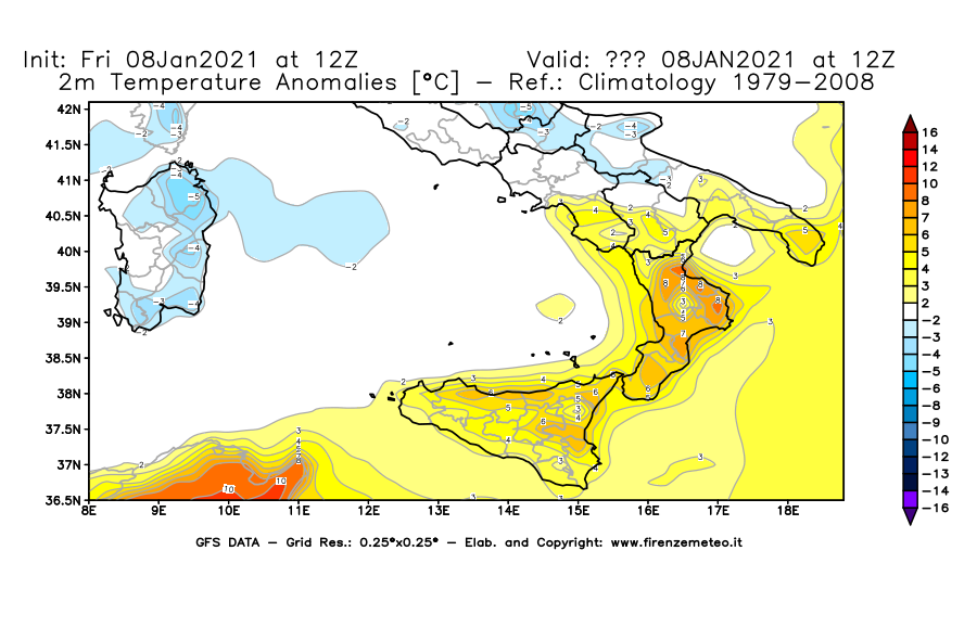 Mappa di analisi GFS - Anomalia Temperatura [°C] a 2 m in Sud-Italia
							del 08/01/2021 12 <!--googleoff: index-->UTC<!--googleon: index-->