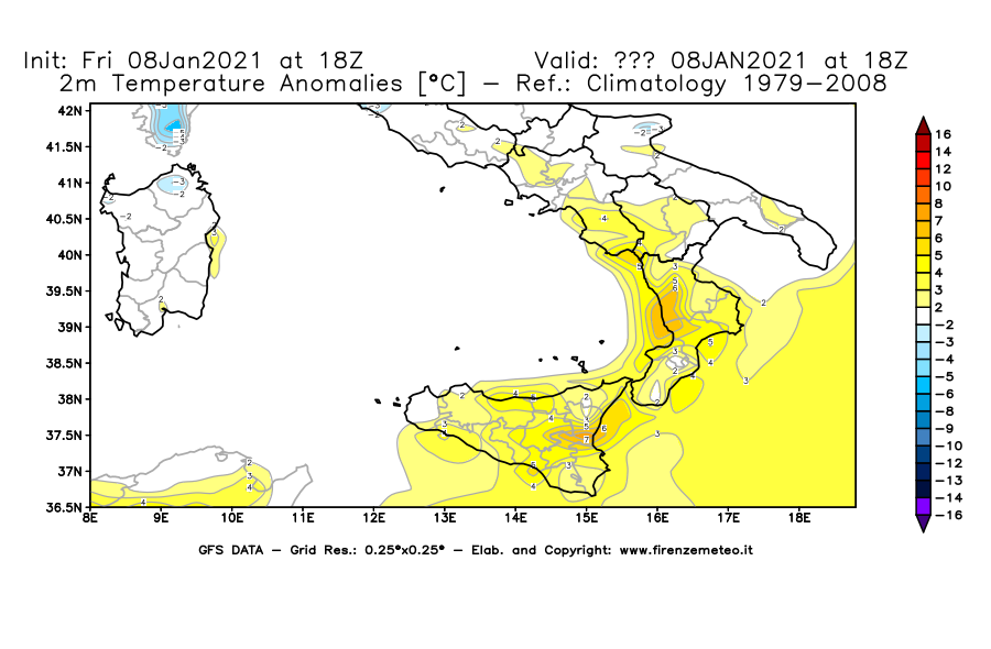 Mappa di analisi GFS - Anomalia Temperatura [°C] a 2 m in Sud-Italia
							del 08/01/2021 18 <!--googleoff: index-->UTC<!--googleon: index-->