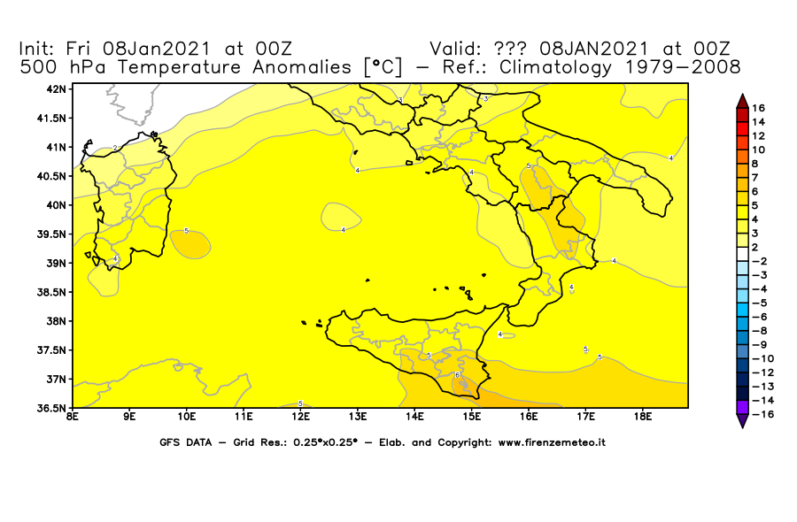 Mappa di analisi GFS - Anomalia Temperatura [°C] a 500 hPa in Sud-Italia
							del 08/01/2021 00 <!--googleoff: index-->UTC<!--googleon: index-->