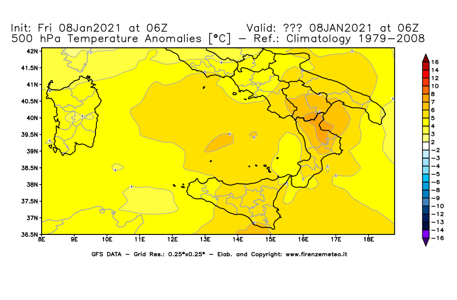 Mappa di analisi GFS - Anomalia Temperatura [°C] a 500 hPa in Sud-Italia
							del 08/01/2021 06 <!--googleoff: index-->UTC<!--googleon: index-->