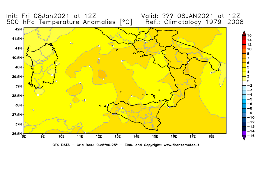 Mappa di analisi GFS - Anomalia Temperatura [°C] a 500 hPa in Sud-Italia
							del 08/01/2021 12 <!--googleoff: index-->UTC<!--googleon: index-->