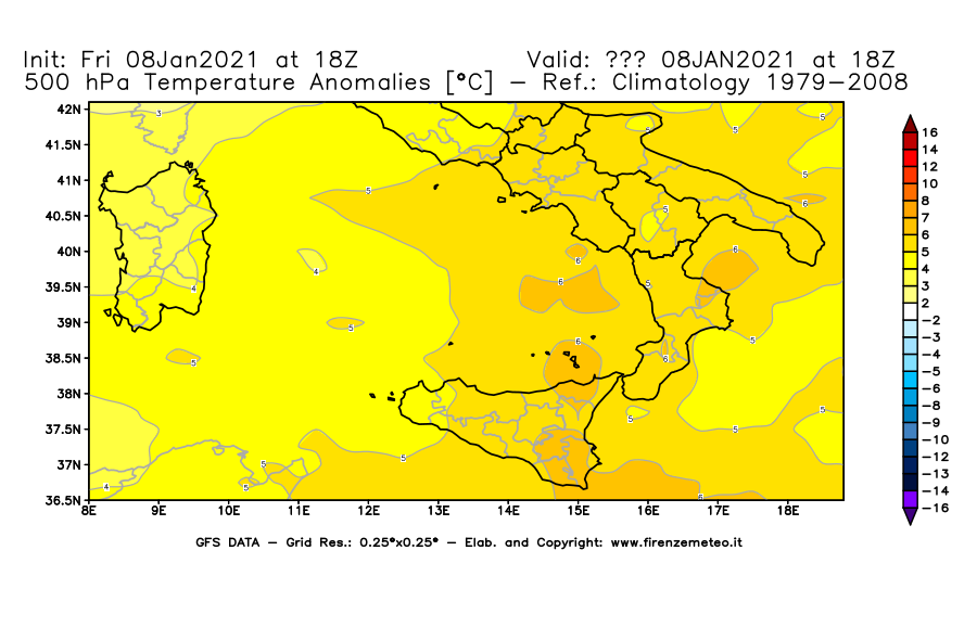 Mappa di analisi GFS - Anomalia Temperatura [°C] a 500 hPa in Sud-Italia
							del 08/01/2021 18 <!--googleoff: index-->UTC<!--googleon: index-->