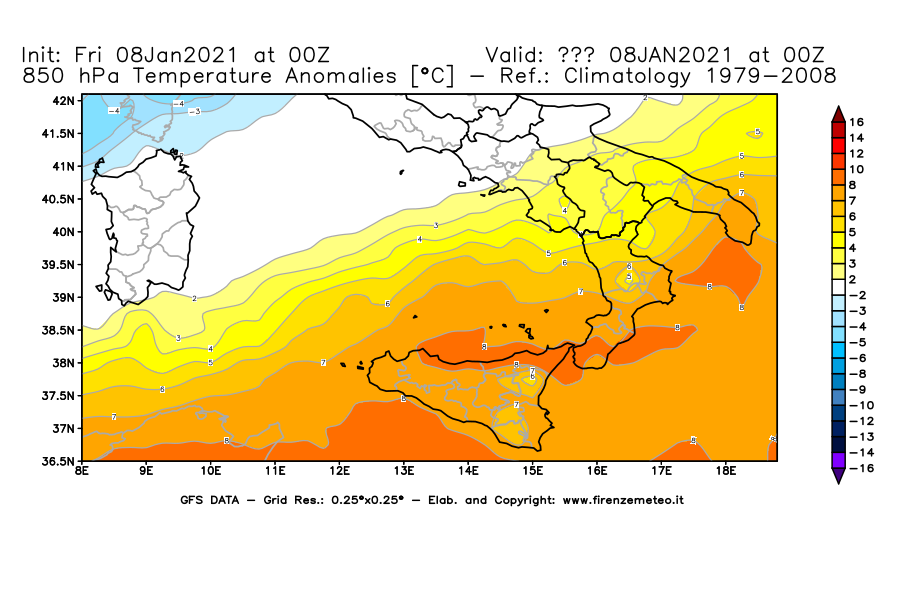 Mappa di analisi GFS - Anomalia Temperatura [°C] a 850 hPa in Sud-Italia
							del 08/01/2021 00 <!--googleoff: index-->UTC<!--googleon: index-->