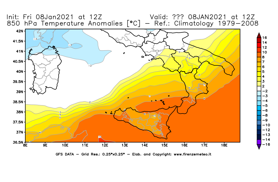 Mappa di analisi GFS - Anomalia Temperatura [°C] a 850 hPa in Sud-Italia
							del 08/01/2021 12 <!--googleoff: index-->UTC<!--googleon: index-->