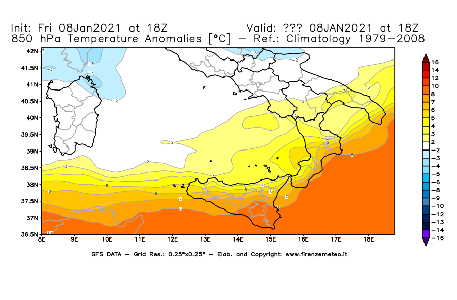 Mappa di analisi GFS - Anomalia Temperatura [°C] a 850 hPa in Sud-Italia
							del 08/01/2021 18 <!--googleoff: index-->UTC<!--googleon: index-->