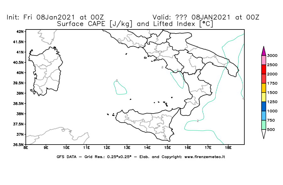 Mappa di analisi GFS - CAPE [J/kg] e Lifted Index [°C] in Sud-Italia
							del 08/01/2021 00 <!--googleoff: index-->UTC<!--googleon: index-->