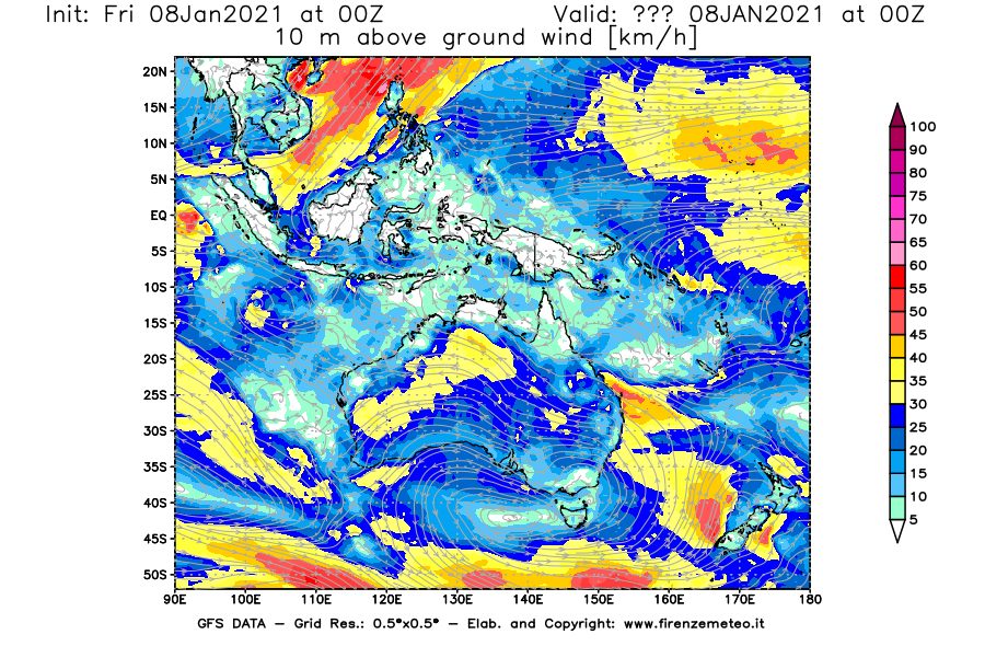 Mappa di analisi GFS - Velocità del vento a 10 metri dal suolo [km/h] in Oceania
							del 08/01/2021 00 <!--googleoff: index-->UTC<!--googleon: index-->