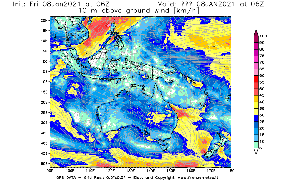 Mappa di analisi GFS - Velocità del vento a 10 metri dal suolo [km/h] in Oceania
							del 08/01/2021 06 <!--googleoff: index-->UTC<!--googleon: index-->