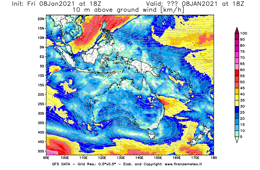 Mappa di analisi GFS - Velocità del vento a 10 metri dal suolo [km/h] in Oceania
							del 08/01/2021 18 <!--googleoff: index-->UTC<!--googleon: index-->