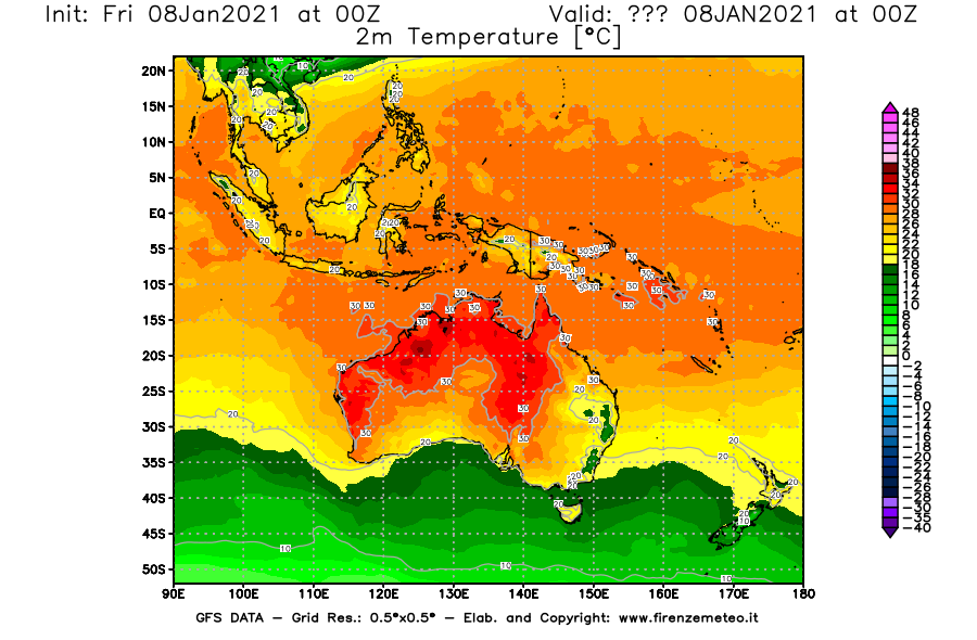 Mappa di analisi GFS - Temperatura a 2 metri dal suolo [°C] in Oceania
							del 08/01/2021 00 <!--googleoff: index-->UTC<!--googleon: index-->