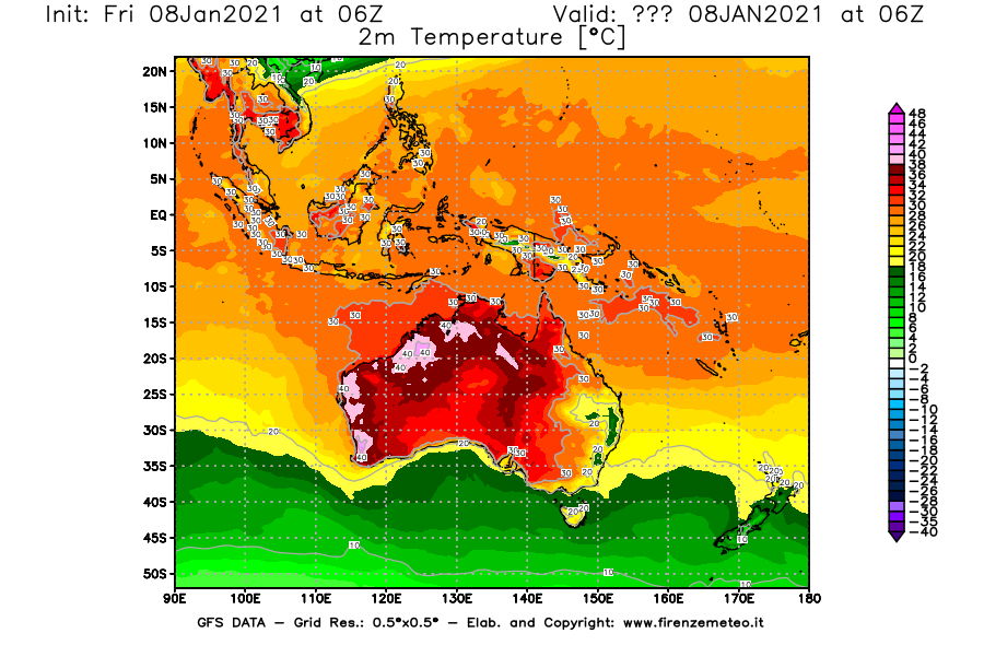 Mappa di analisi GFS - Temperatura a 2 metri dal suolo [°C] in Oceania
							del 08/01/2021 06 <!--googleoff: index-->UTC<!--googleon: index-->