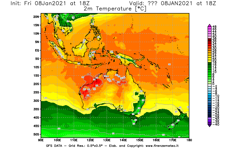 Mappa di analisi GFS - Temperatura a 2 metri dal suolo [°C] in Oceania
							del 08/01/2021 18 <!--googleoff: index-->UTC<!--googleon: index-->