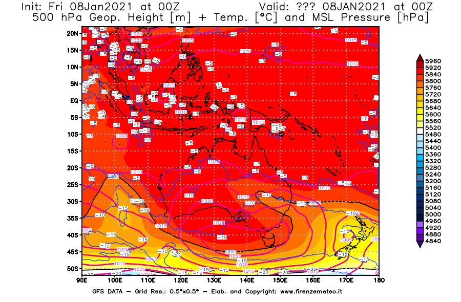 Mappa di analisi GFS - Geopotenziale [m] + Temp. [°C] a 500 hPa + Press. a livello del mare [hPa] in Oceania
							del 08/01/2021 00 <!--googleoff: index-->UTC<!--googleon: index-->