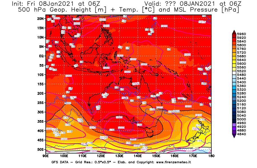 Mappa di analisi GFS - Geopotenziale [m] + Temp. [°C] a 500 hPa + Press. a livello del mare [hPa] in Oceania
							del 08/01/2021 06 <!--googleoff: index-->UTC<!--googleon: index-->