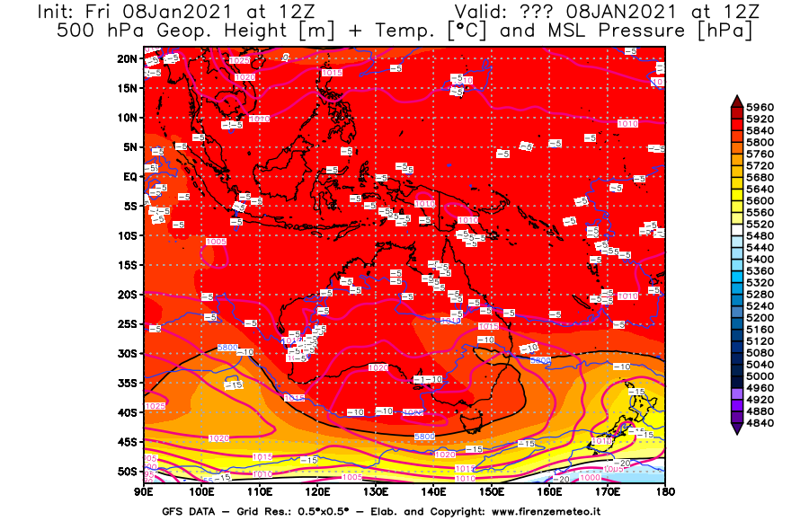 Mappa di analisi GFS - Geopotenziale [m] + Temp. [°C] a 500 hPa + Press. a livello del mare [hPa] in Oceania
							del 08/01/2021 12 <!--googleoff: index-->UTC<!--googleon: index-->