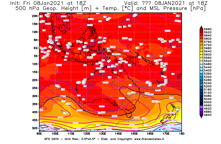 Mappa di analisi GFS - Geopotenziale [m] + Temp. [°C] a 500 hPa + Press. a livello del mare [hPa] in Oceania
							del 08/01/2021 18 <!--googleoff: index-->UTC<!--googleon: index-->