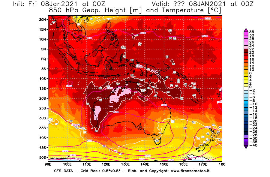Mappa di analisi GFS - Geopotenziale [m] e Temperatura [°C] a 850 hPa in Oceania
							del 08/01/2021 00 <!--googleoff: index-->UTC<!--googleon: index-->