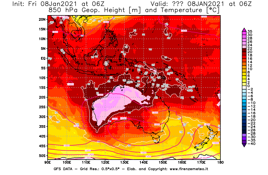 Mappa di analisi GFS - Geopotenziale [m] e Temperatura [°C] a 850 hPa in Oceania
							del 08/01/2021 06 <!--googleoff: index-->UTC<!--googleon: index-->