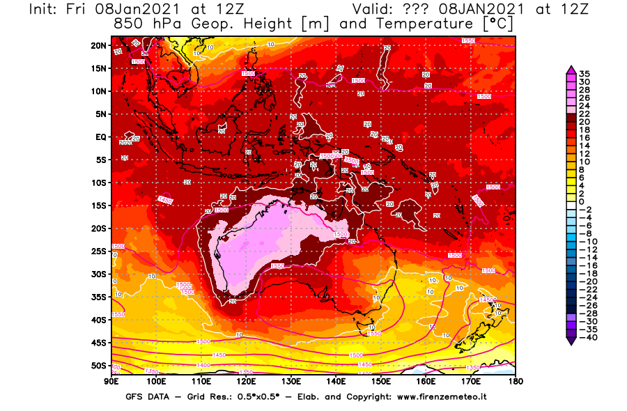 Mappa di analisi GFS - Geopotenziale [m] e Temperatura [°C] a 850 hPa in Oceania
							del 08/01/2021 12 <!--googleoff: index-->UTC<!--googleon: index-->
