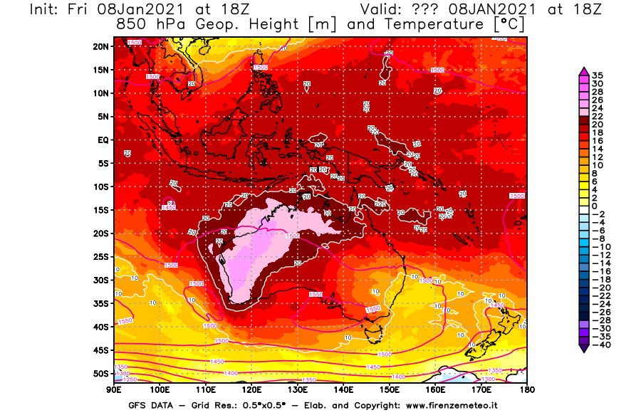 Mappa di analisi GFS - Geopotenziale [m] e Temperatura [°C] a 850 hPa in Oceania
							del 08/01/2021 18 <!--googleoff: index-->UTC<!--googleon: index-->