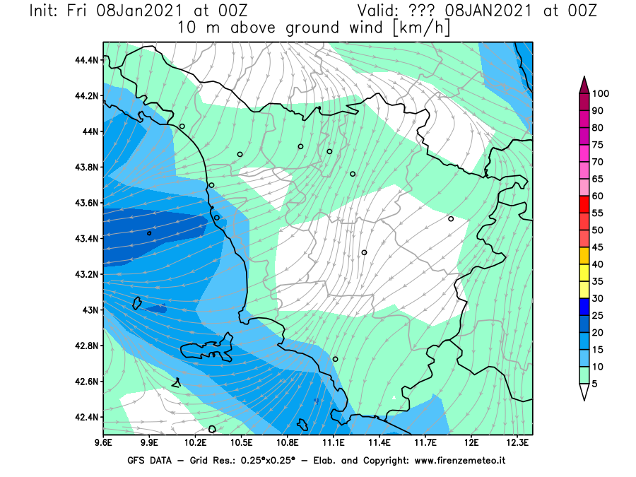 Mappa di analisi GFS - Velocità del vento a 10 metri dal suolo [km/h] in Toscana
							del 08/01/2021 00 <!--googleoff: index-->UTC<!--googleon: index-->