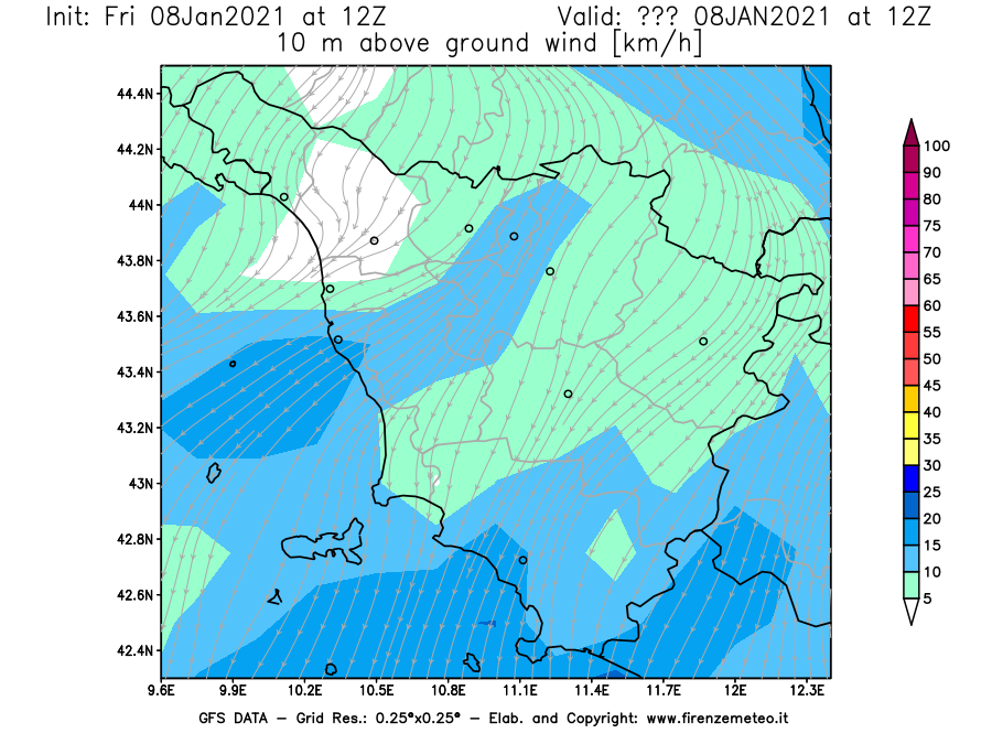 Mappa di analisi GFS - Velocità del vento a 10 metri dal suolo [km/h] in Toscana
							del 08/01/2021 12 <!--googleoff: index-->UTC<!--googleon: index-->