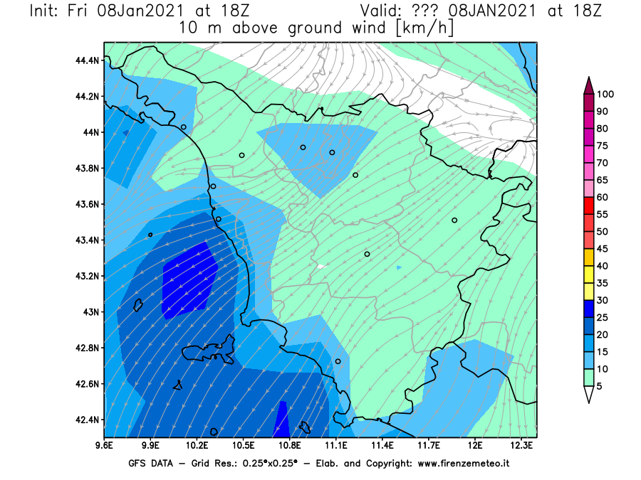 Mappa di analisi GFS - Velocità del vento a 10 metri dal suolo [km/h] in Toscana
							del 08/01/2021 18 <!--googleoff: index-->UTC<!--googleon: index-->
