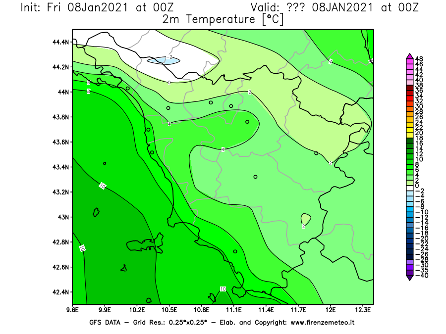 Mappa di analisi GFS - Temperatura a 2 metri dal suolo [°C] in Toscana
							del 08/01/2021 00 <!--googleoff: index-->UTC<!--googleon: index-->