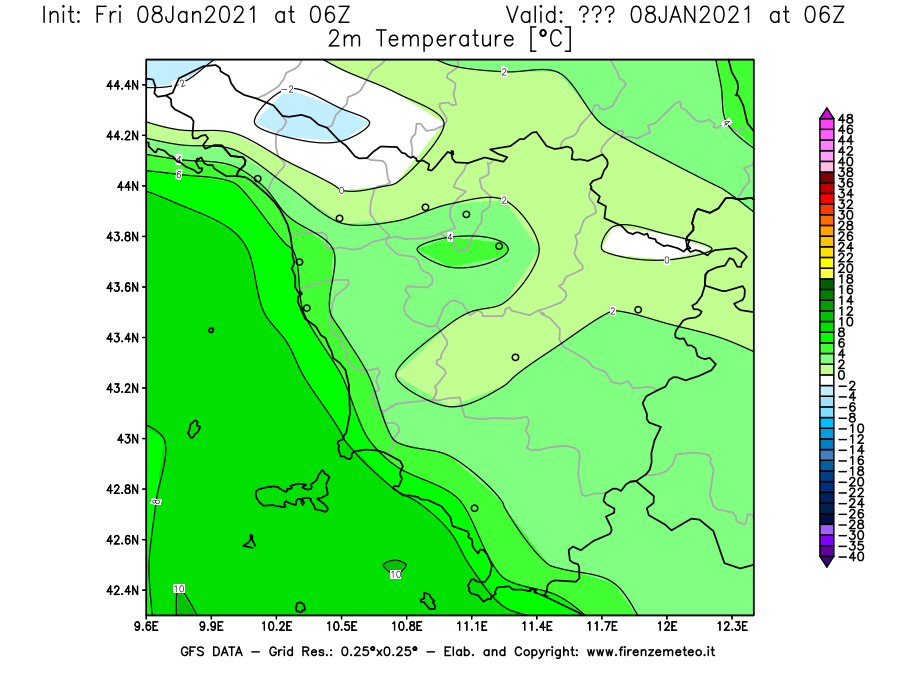 Mappa di analisi GFS - Temperatura a 2 metri dal suolo [°C] in Toscana
							del 08/01/2021 06 <!--googleoff: index-->UTC<!--googleon: index-->