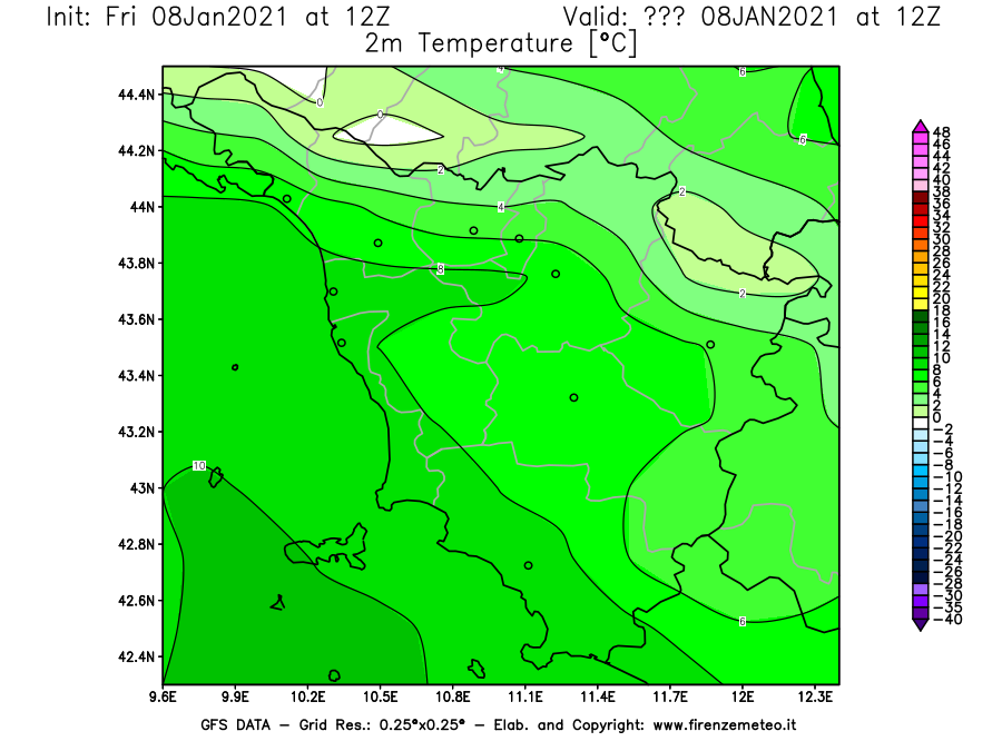 Mappa di analisi GFS - Temperatura a 2 metri dal suolo [°C] in Toscana
							del 08/01/2021 12 <!--googleoff: index-->UTC<!--googleon: index-->