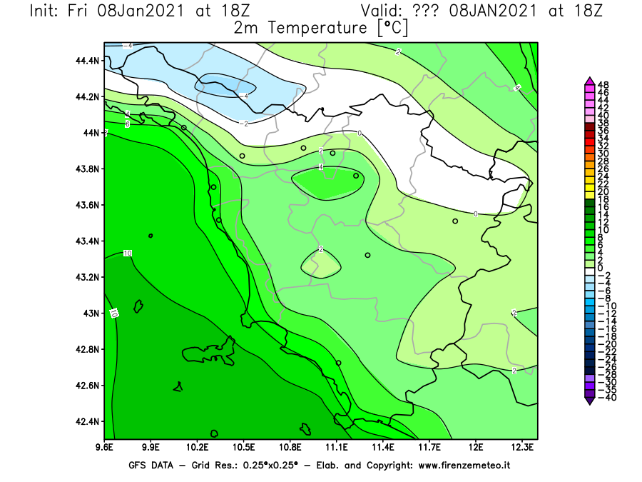 Mappa di analisi GFS - Temperatura a 2 metri dal suolo [°C] in Toscana
							del 08/01/2021 18 <!--googleoff: index-->UTC<!--googleon: index-->