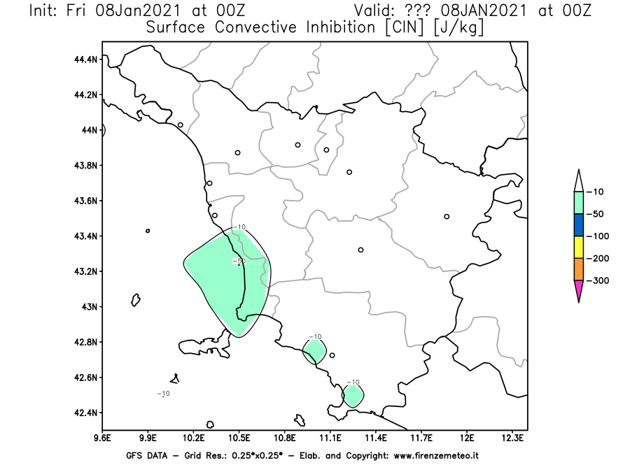 Mappa di analisi GFS - CIN [J/kg] in Toscana
							del 08/01/2021 00 <!--googleoff: index-->UTC<!--googleon: index-->