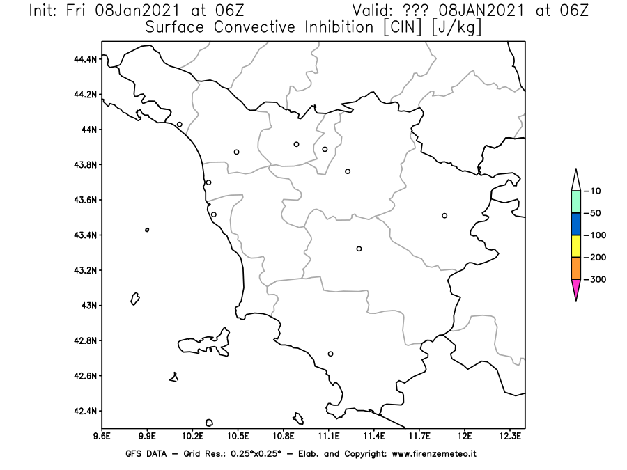 Mappa di analisi GFS - CIN [J/kg] in Toscana
							del 08/01/2021 06 <!--googleoff: index-->UTC<!--googleon: index-->