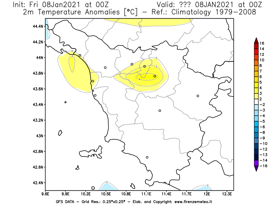 Mappa di analisi GFS - Anomalia Temperatura [°C] a 2 m in Toscana
							del 08/01/2021 00 <!--googleoff: index-->UTC<!--googleon: index-->