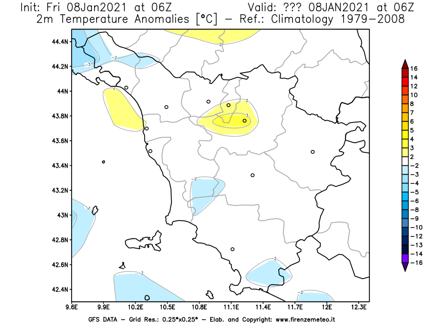 Mappa di analisi GFS - Anomalia Temperatura [°C] a 2 m in Toscana
							del 08/01/2021 06 <!--googleoff: index-->UTC<!--googleon: index-->
