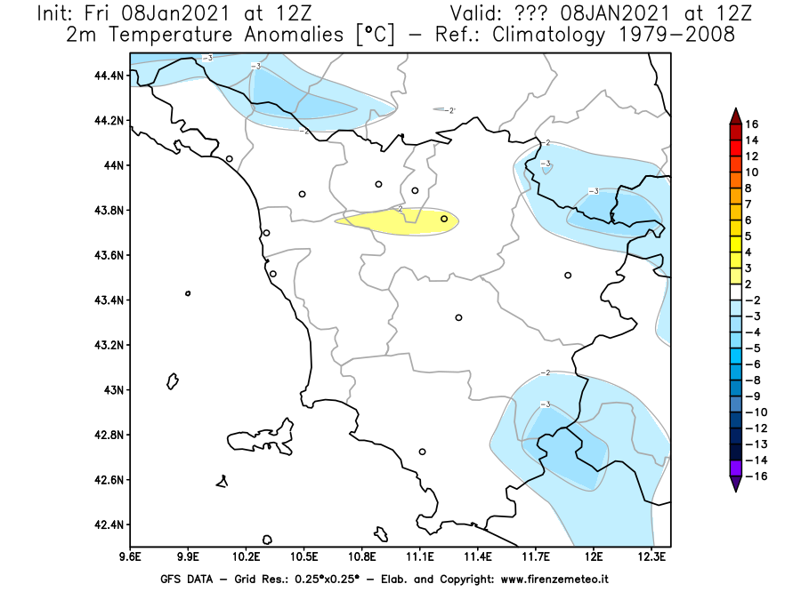 Mappa di analisi GFS - Anomalia Temperatura [°C] a 2 m in Toscana
							del 08/01/2021 12 <!--googleoff: index-->UTC<!--googleon: index-->