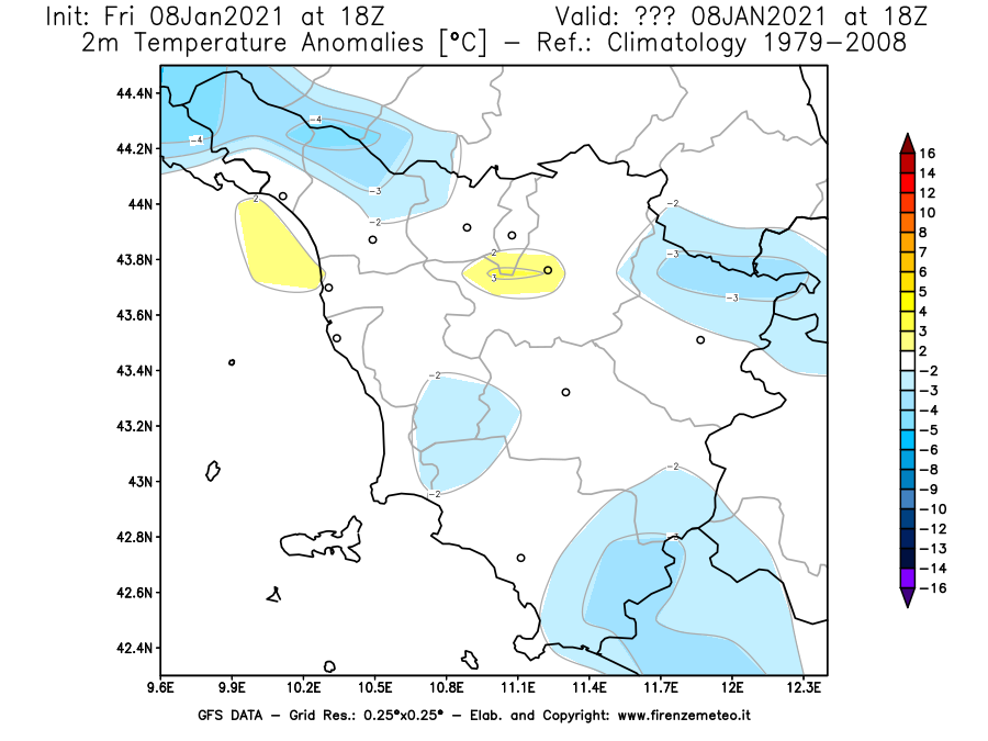 Mappa di analisi GFS - Anomalia Temperatura [°C] a 2 m in Toscana
							del 08/01/2021 18 <!--googleoff: index-->UTC<!--googleon: index-->
